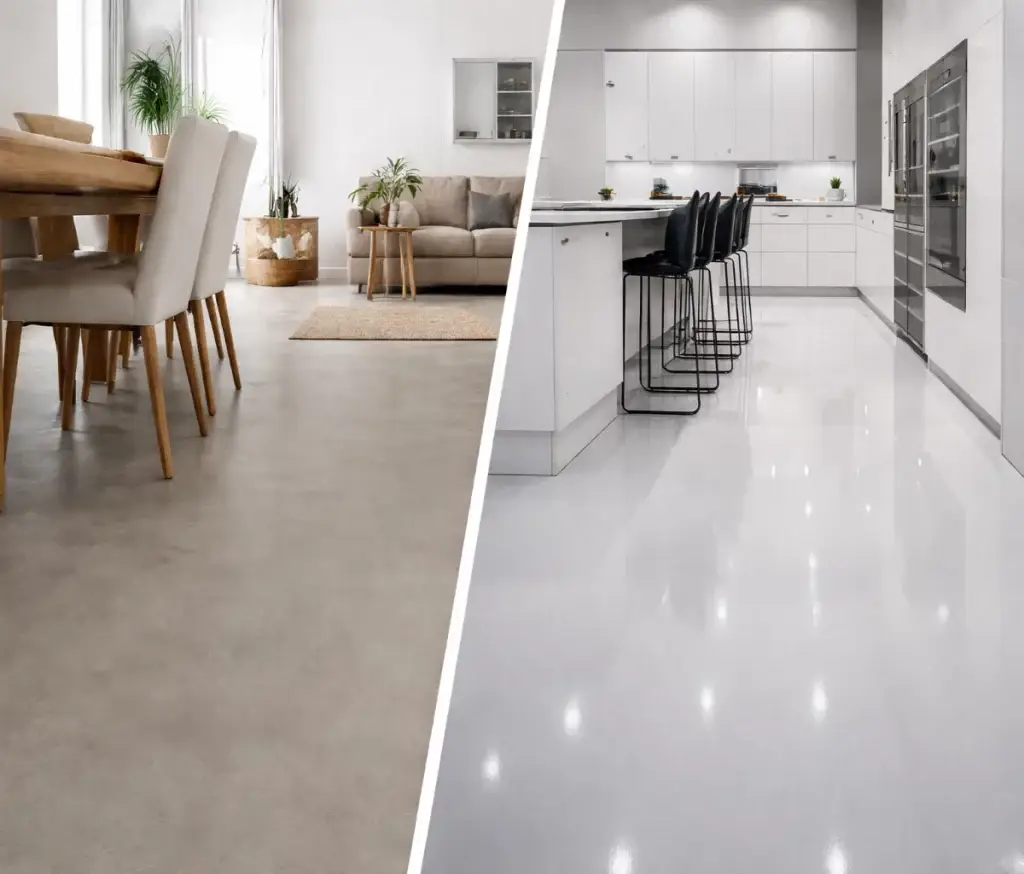 רצפת רזינה בגימור מט מול רצפת אפוקסי מבריקה – השוואה בין שני סגנונות ריצוף בעיצוב מודרני