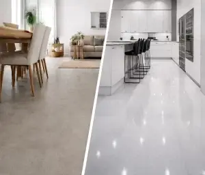 רצפת רזינה בגימור מט מול רצפת אפוקסי מבריקה – השוואה בין שני סגנונות ריצוף בעיצוב מודרני