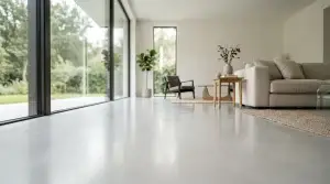 רצפת מיקרוטופינג חלקה ונקייה בסלון מודרני מואר של בית משפחה